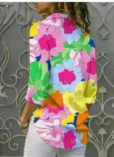 European And American Digital Printed Flowers Lapel Single Breasted Long-sleeved Shirt - EX-STOCK CANADA