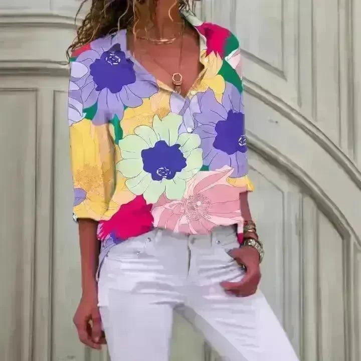 European And American Digital Printed Flowers Lapel Single Breasted Long-sleeved Shirt - EX-STOCK CANADA