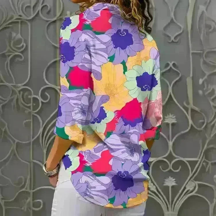 European And American Digital Printed Flowers Lapel Single Breasted Long-sleeved Shirt - EX-STOCK CANADA
