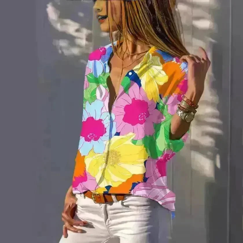 European And American Digital Printed Flowers Lapel Single Breasted Long-sleeved Shirt - EX-STOCK CANADA