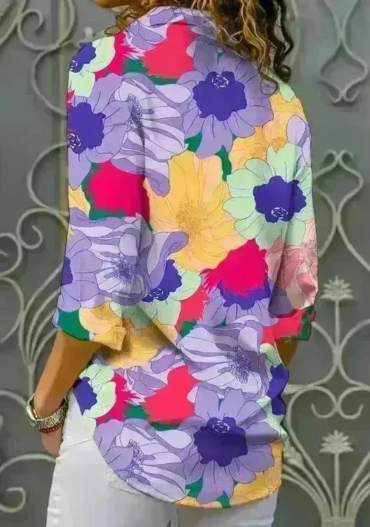 European And American Digital Printed Flowers Lapel Single Breasted Long-sleeved Shirt - EX-STOCK CANADA