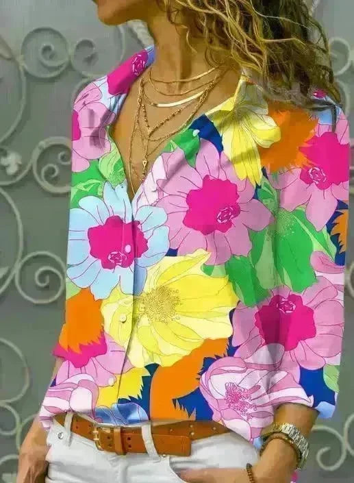 European And American Digital Printed Flowers Lapel Single Breasted Long-sleeved Shirt - EX-STOCK CANADA