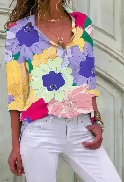 European And American Digital Printed Flowers Lapel Single Breasted Long-sleeved Shirt - EX-STOCK CANADA