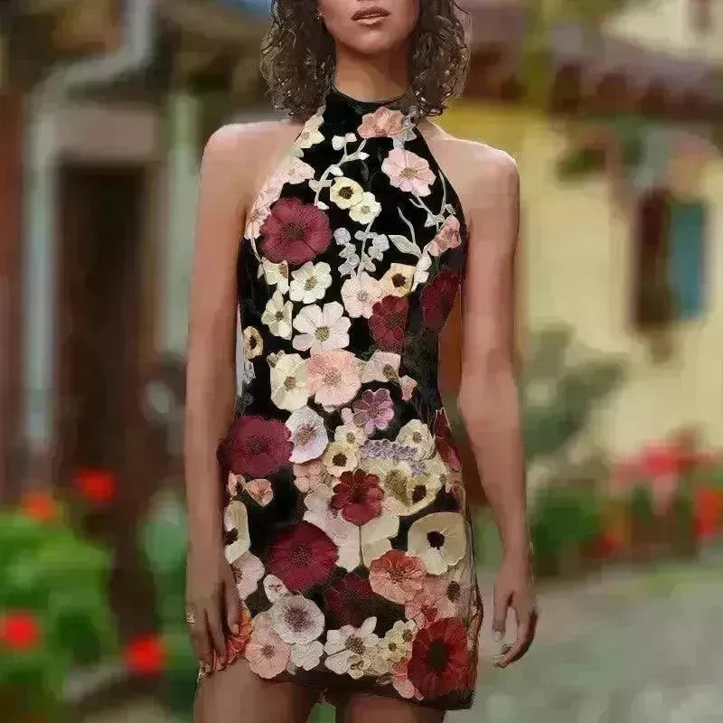 European And American Embroidery Three-dimensional Flower Halter Slim Fit Dress - EX-STOCK CANADA