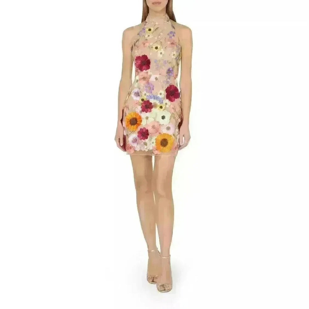European And American Embroidery Three-dimensional Flower Halter Slim Fit Dress - EX-STOCK CANADA