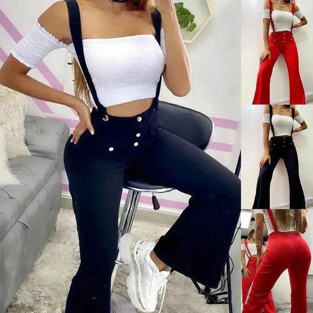European And American High Waist Strap Casual Flared Jeans Pants - EX-STOCK Canada