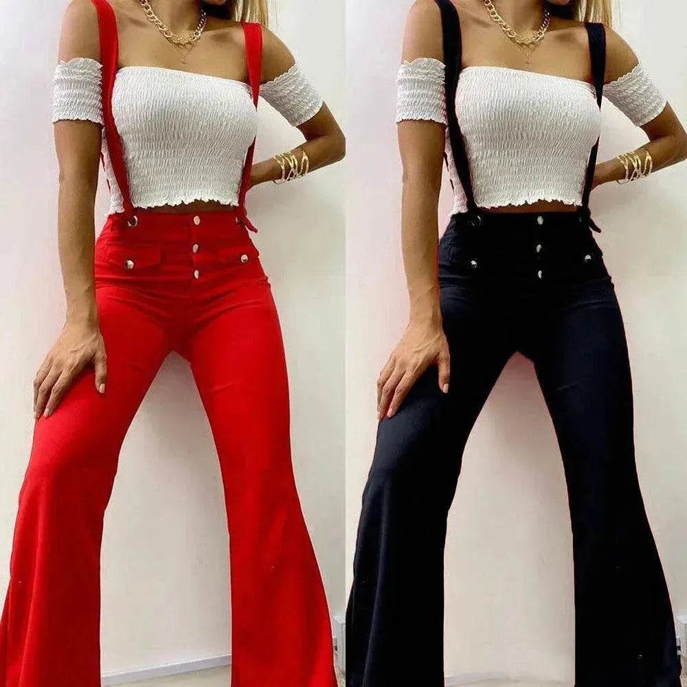 European And American High Waist Strap Casual Flared Jeans Pants - EX-STOCK Canada