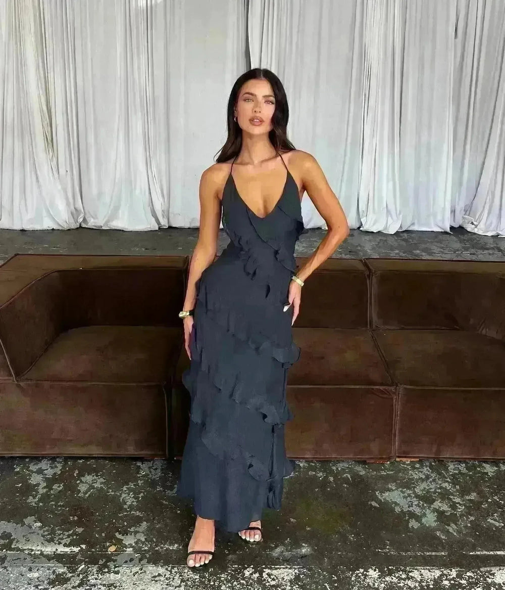 European And American Multi-layer Wooden Ear Backless Halter Party Long Dress - EX-STOCK CANADA