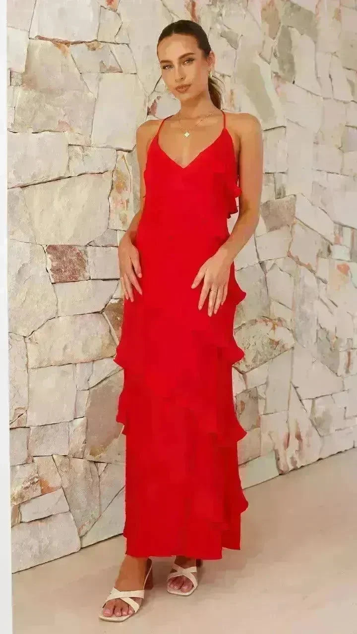 European And American Multi-layer Wooden Ear Backless Halter Party Long Dress - EX-STOCK CANADA