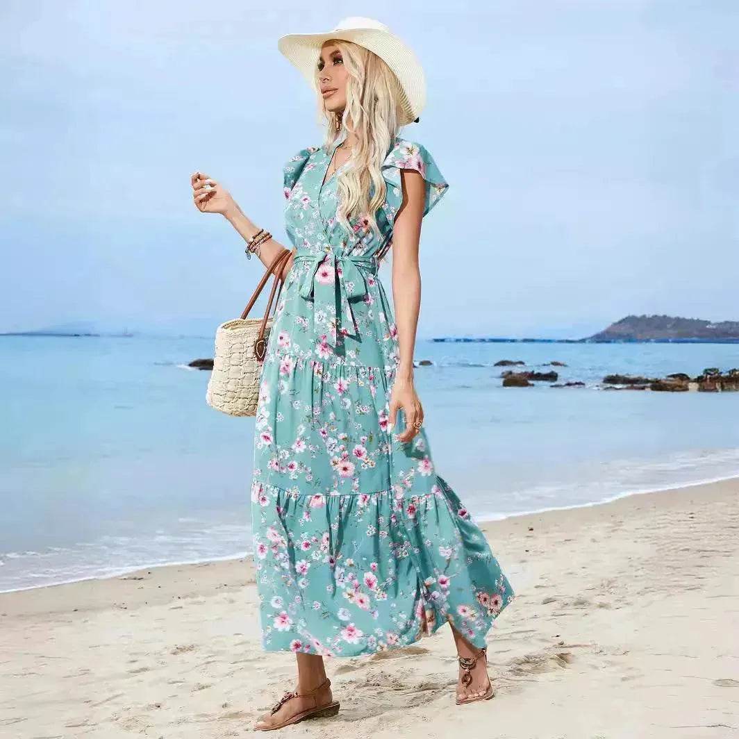 European And American Printed Waist Girdling Band V-neck Dress Bohemian Holiday Beach Dress - EX-STOCK Canada