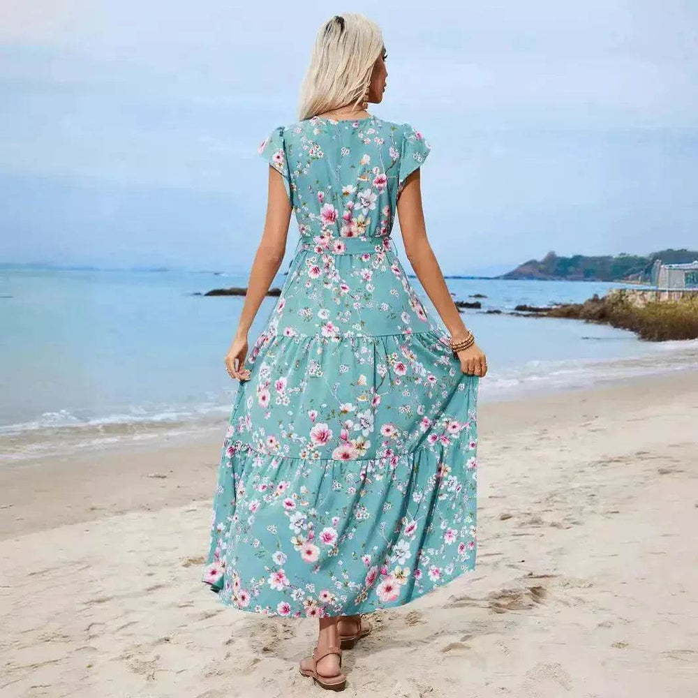 European And American Printed Waist Girdling Band V-neck Dress Bohemian Holiday Beach Dress - EX-STOCK Canada