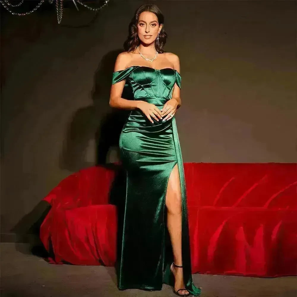 European And American Shoulder Wrap Chest High Waist Ribbon Slit Ball Gown - EX-STOCK CANADA