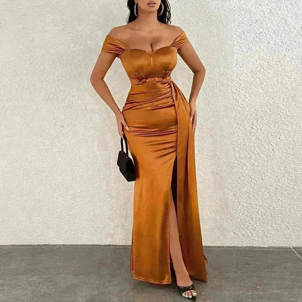 European And American Shoulder Wrap Chest High Waist Ribbon Slit Ball Gown - EX-STOCK CANADA