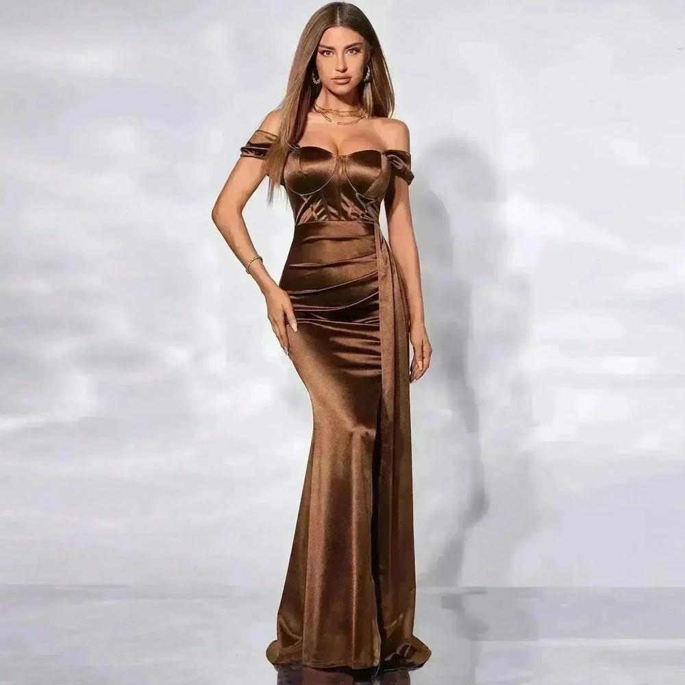 European And American Shoulder Wrap Chest High Waist Ribbon Slit Ball Gown - EX-STOCK CANADA