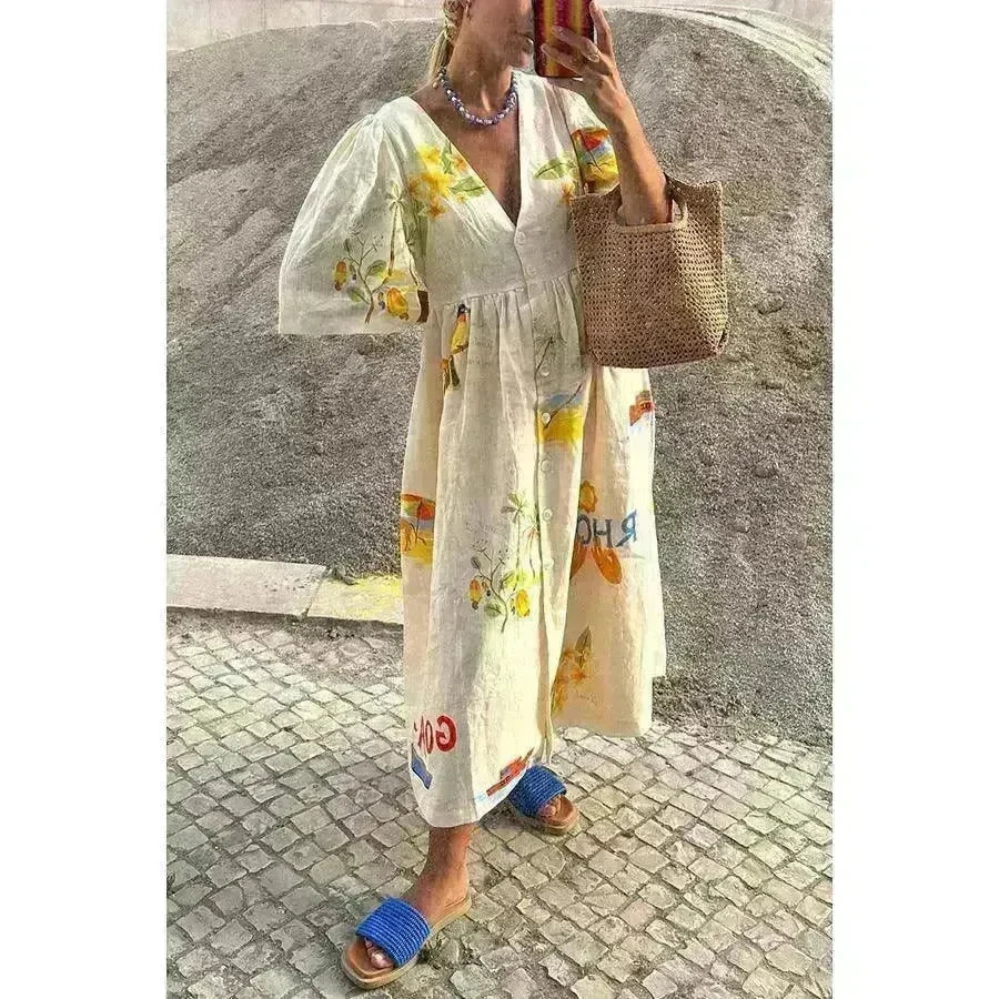 European And American Spring And Summer Casual Puff Sleeve Dress Loose Vacation Midi Dress - EX-STOCK CANADA
