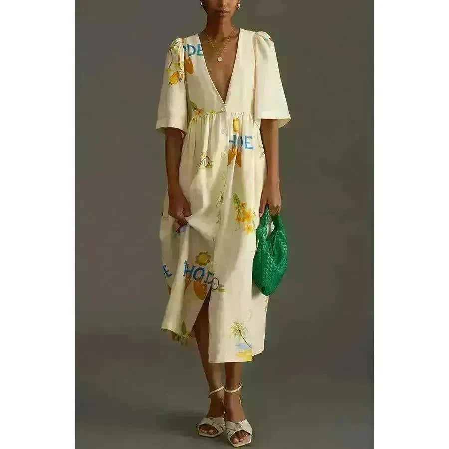 European And American Spring And Summer Casual Puff Sleeve Dress Loose Vacation Midi Dress - EX-STOCK CANADA