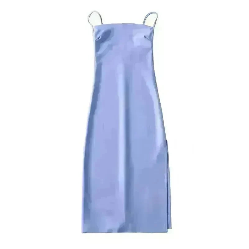 European And American Style Sold Color Sleeveless Midi Suspender Split Dress - EX-STOCK CANADA