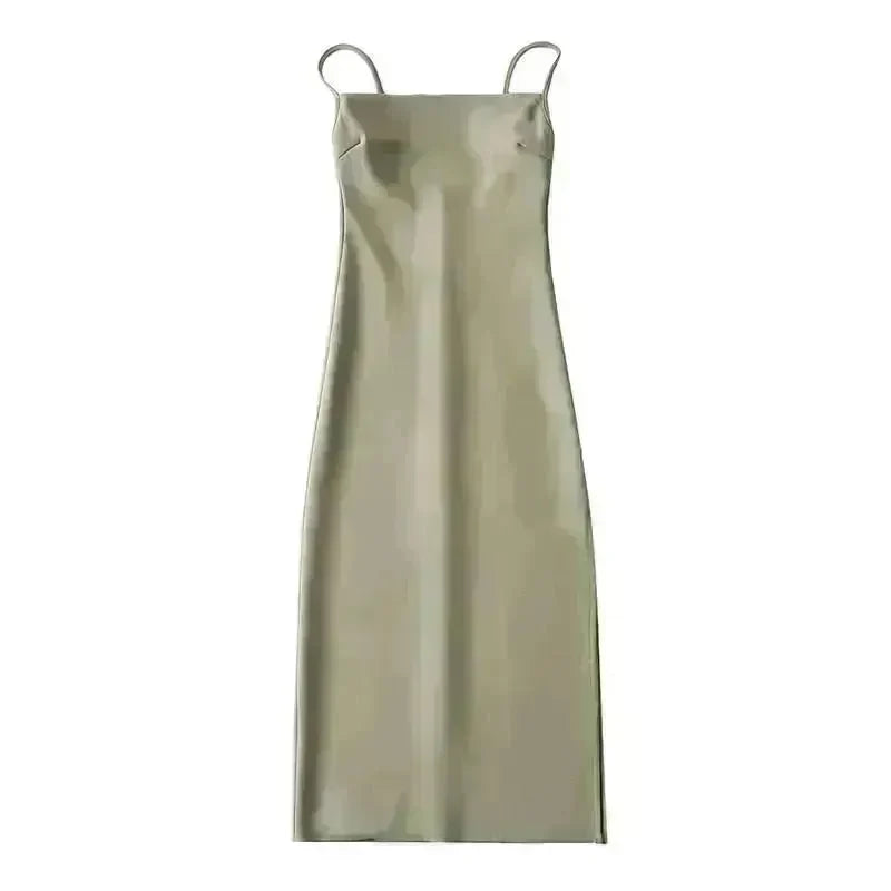 European And American Style Sold Color Sleeveless Midi Suspender Split Dress - EX-STOCK CANADA