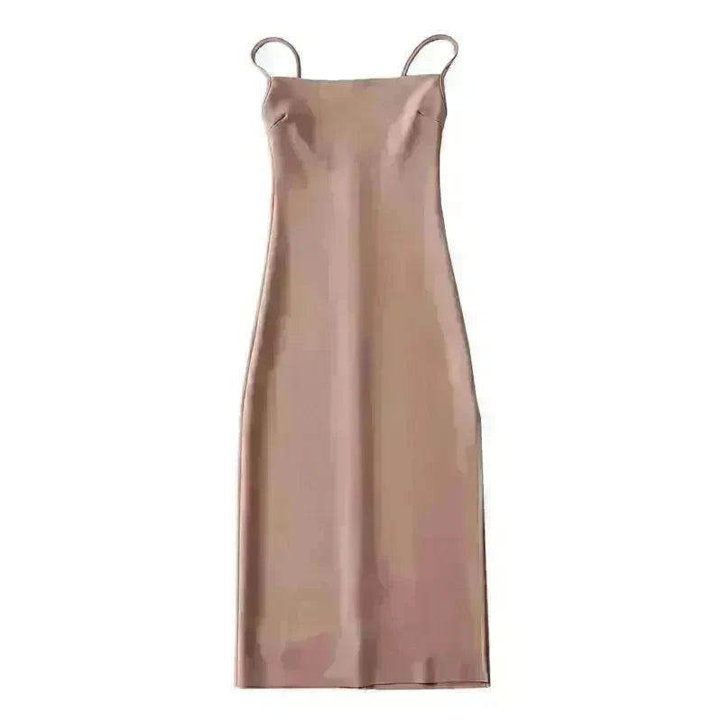 European And American Style Sold Color Sleeveless Midi Suspender Split Dress - EX-STOCK CANADA