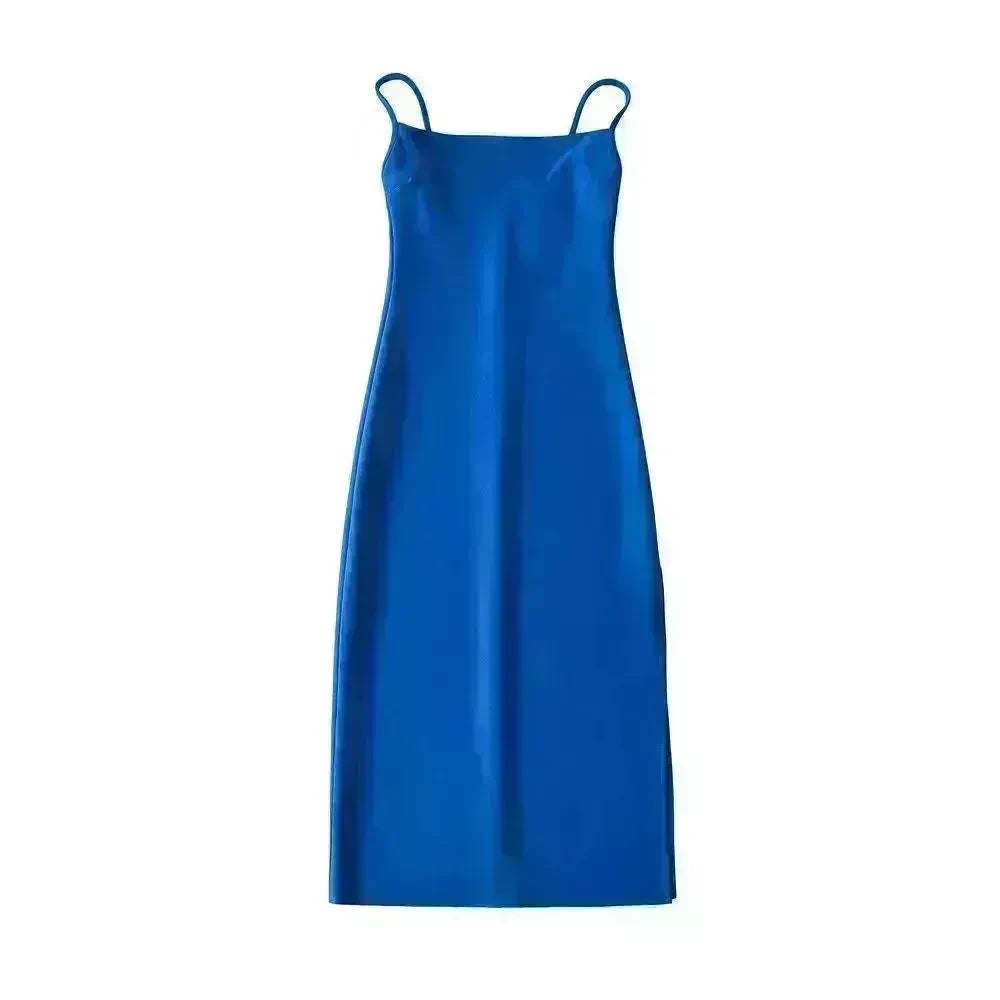 European And American Style Sold Color Sleeveless Midi Suspender Split Dress - EX-STOCK CANADA