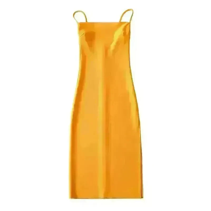 European And American Style Sold Color Sleeveless Midi Suspender Split Dress - EX-STOCK CANADA