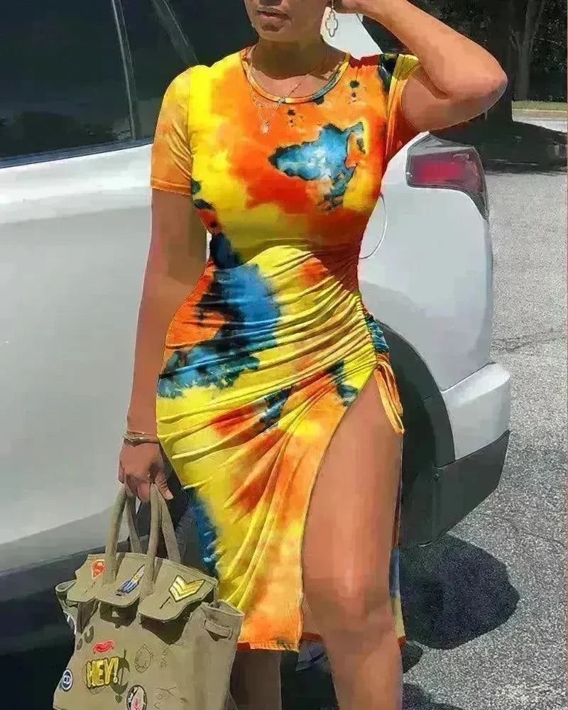 European And American Tie-dyed Printed Sheath Split Lace Elegant Sexy Dress For Women - EX-STOCK CANADA