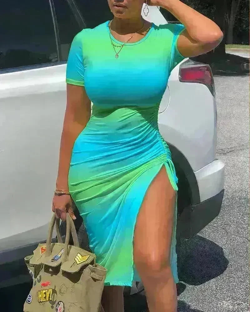 European And American Tie-dyed Printed Sheath Split Lace Elegant Sexy Dress For Women - EX-STOCK CANADA