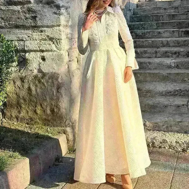 European And American White Front Chest Flower Beads Lace Yarn French Style Retro Long Sleeve Fashion Slim Dress - EX-STOCK CANADA