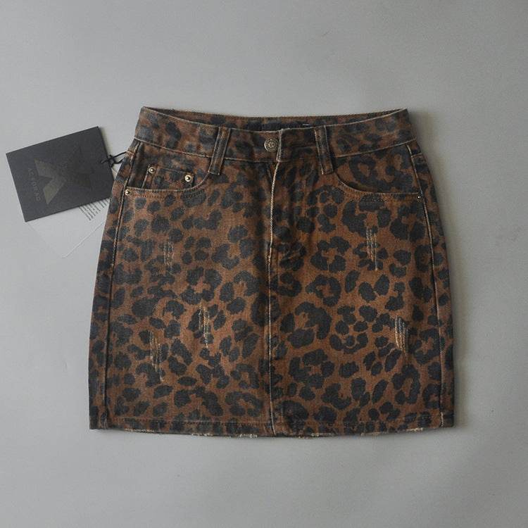 Leopard Print Mini Denim Skirt Women's High Waist Pencil Skirt - EX-STOCK Canada