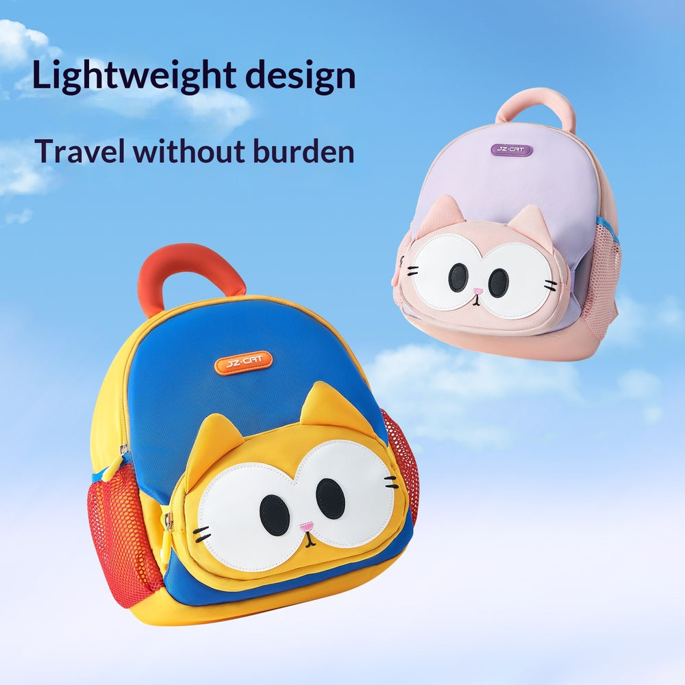 Two cartoon-style backpacks with cat faces against a blue sky background.