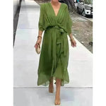 Batwing Sleeve V-neck Dress Summer Pure Color Tied Irregular Wrap Midi Dresses for Women - EX-STOCK CANADA