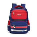 Blue and red backpack with visible brand logo on a white background