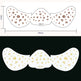 Two mustache-shaped products with speckled patterns and measurements on a white background.
