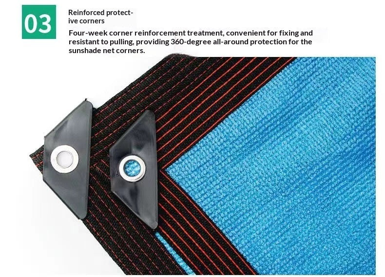 Close-up of a blue sunshade net corner with black and red striped reinforcement tape and two black reinforced corner brackets with metal grommets. Text at the top reads '03 Reinforced protective corners' with a brief product description.