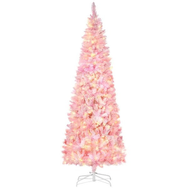 7.5 Foot Prelit Snow Flocked Artificial Christmas Tree With Pencil Shape, 700 Pine Realistic Branches, Warm White LED Lights, Auto Open, Pink And White EX-STOCK Canada 