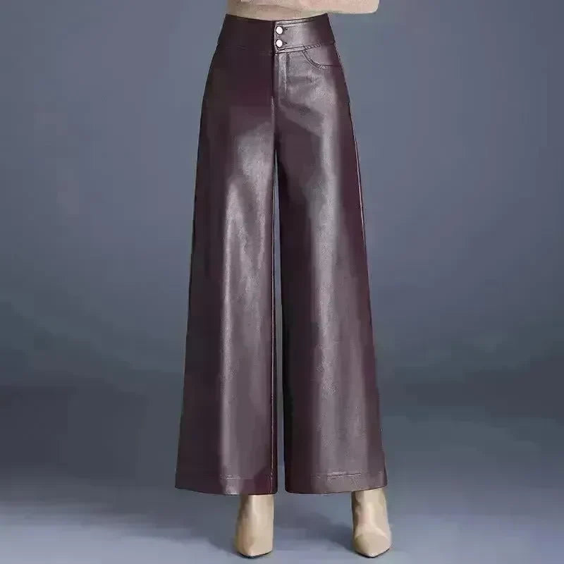 High Waist Thick Loose Big Leg Straight All-matching Wide Leg Leather trouser Pants For Women - EX-STOCK CANADA