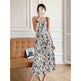 Ink Painting Print Suspender Dress Women's Spring And Summer Floral Midi dress white - EX-STOCK CANADA