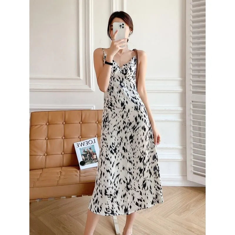 Ink Painting Print Suspender Dress Women's Spring And Summer Floral Midi dress white - EX-STOCK CANADA