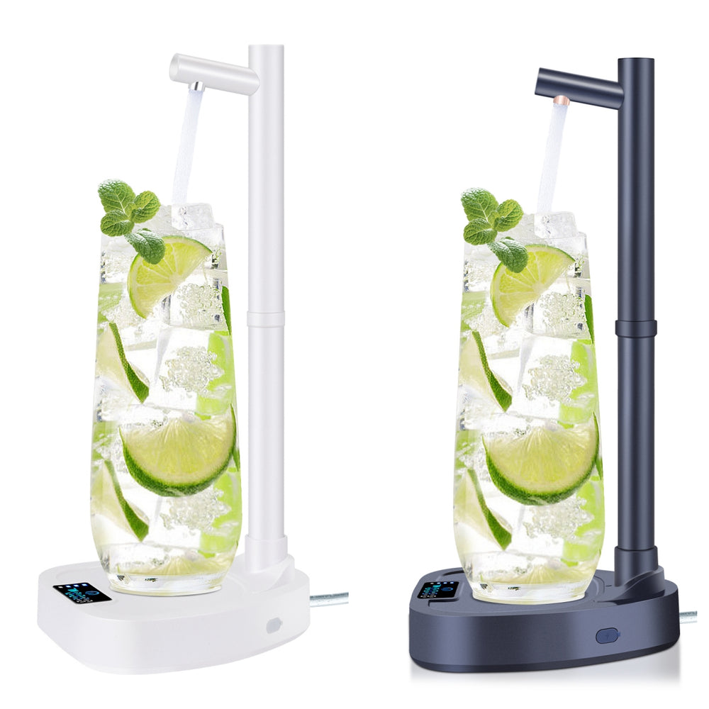 Two glass dispensers with lime and mint garnishes on a white background