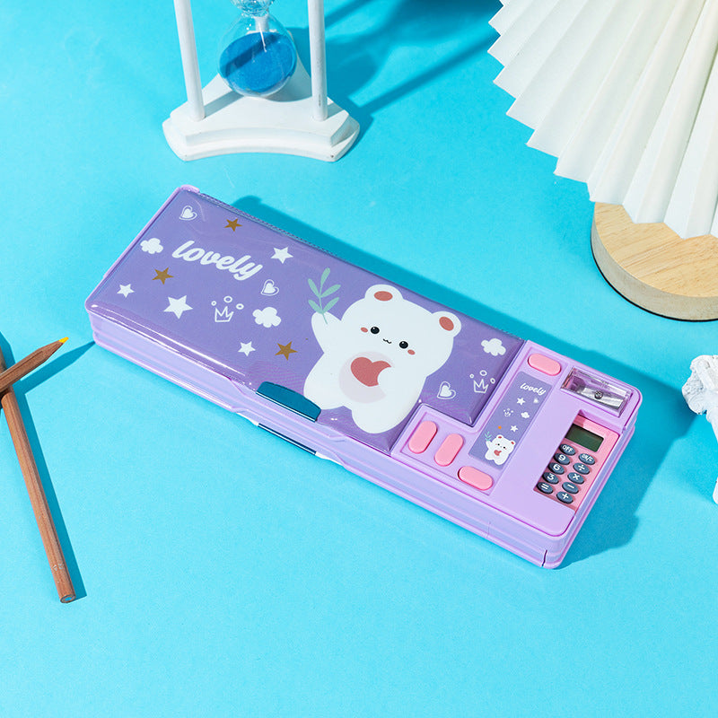 Purple pencil case with cartoon bear design on a blue background