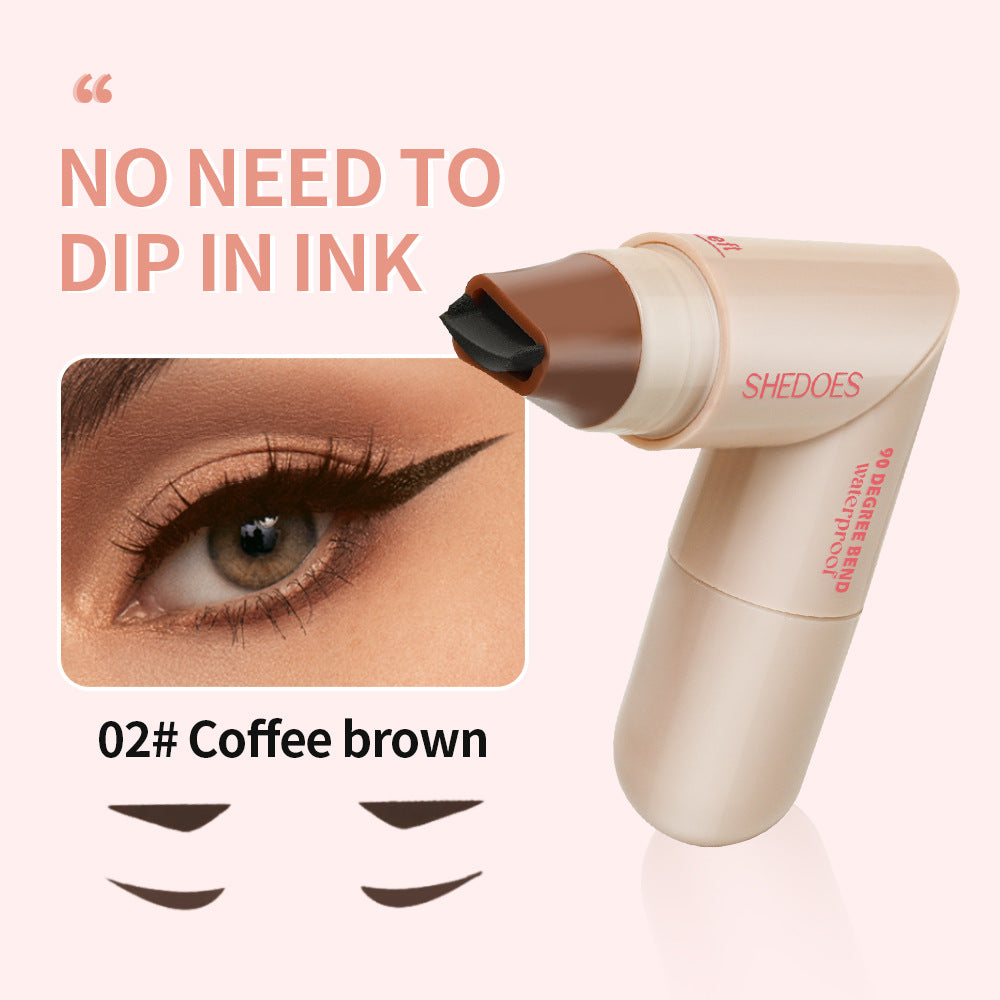 Eyebrow pencil with a close-up of an eye wearing it, labeled 'Coffee brown' and 'Shedoes'.