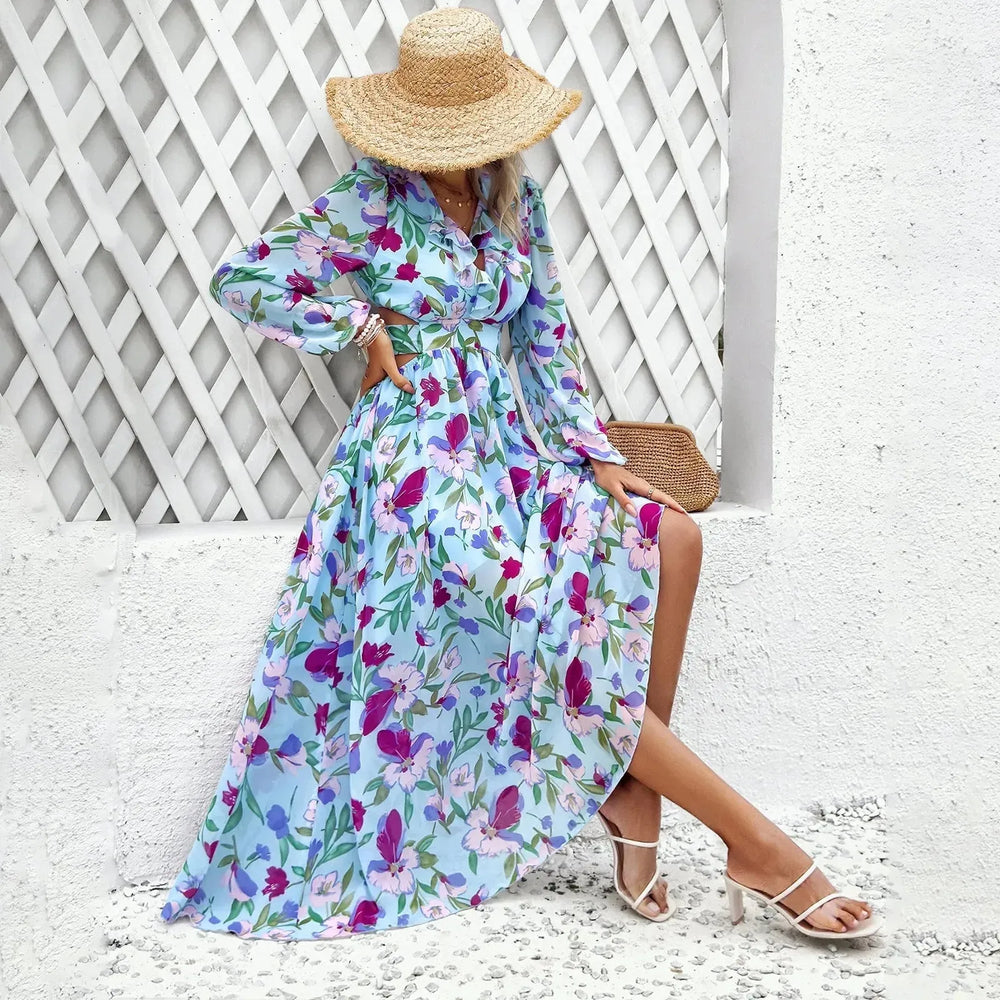 Fashion Florals Print Long Sleeve Dress Casual Holiday Tight-waisted V-neck Dresses Women Clothing - EX-STOCK CANADA