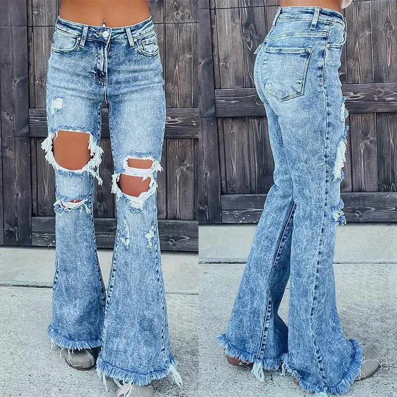 Blue Denim Ripped Flare Jeans pant for Women Raw Hem Pant - EX-STOCK CANADA
