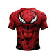 A red short-sleeve athletic jersey featuring a large black and white Venom-like spider face graphic across the front, with black splatter details and the text 'COOT HUNTER' near the upper chest, shown on a plain white background.