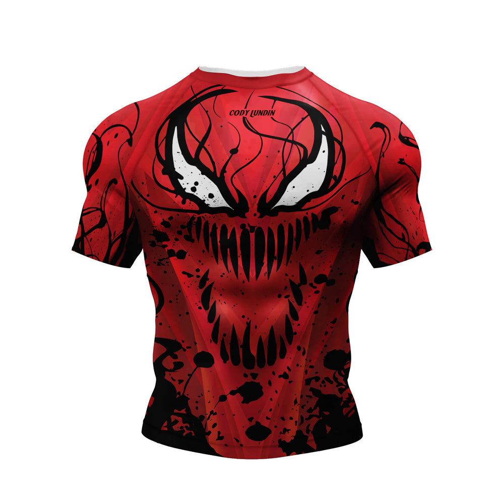 A red short-sleeve athletic jersey featuring a large black and white Venom-like spider face graphic across the front, with black splatter details and the text 'COOT HUNTER' near the upper chest, shown on a plain white background.