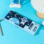 Pencil case with astronaut design on a blue surface