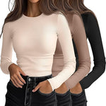 Two ribbed long-sleeve shirts in beige and black on a white background