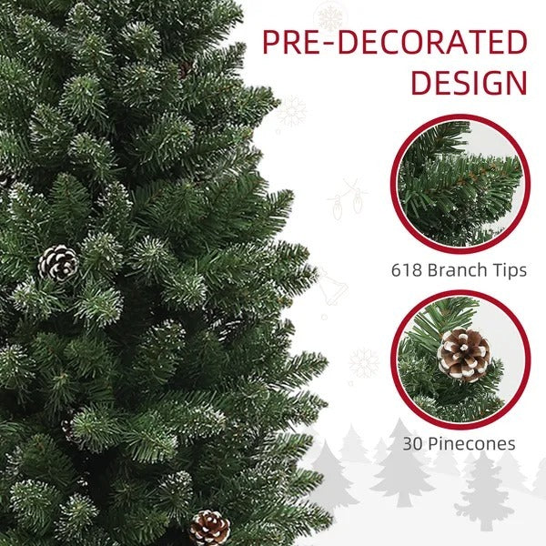6ft Artificial Pencil Christmas Tree With 618 Branches, Pinecones, Metal Stand, Realistic Xmas Tree For Home EX-STOCK Canada 