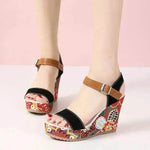 Fashion Flowers Embroidered High Wedge Sandals For Women Summer Toe Platform Buckle Shoes - EX-STOCK Canada