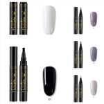 Collection of nail art pens and color swatches on a white background